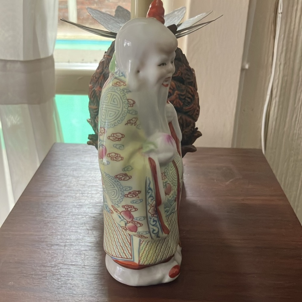Vintage Chinese Shou Xing Porcelain Figurine w/Yellow Blue Red Outfit 7” - Picture 2 of 9